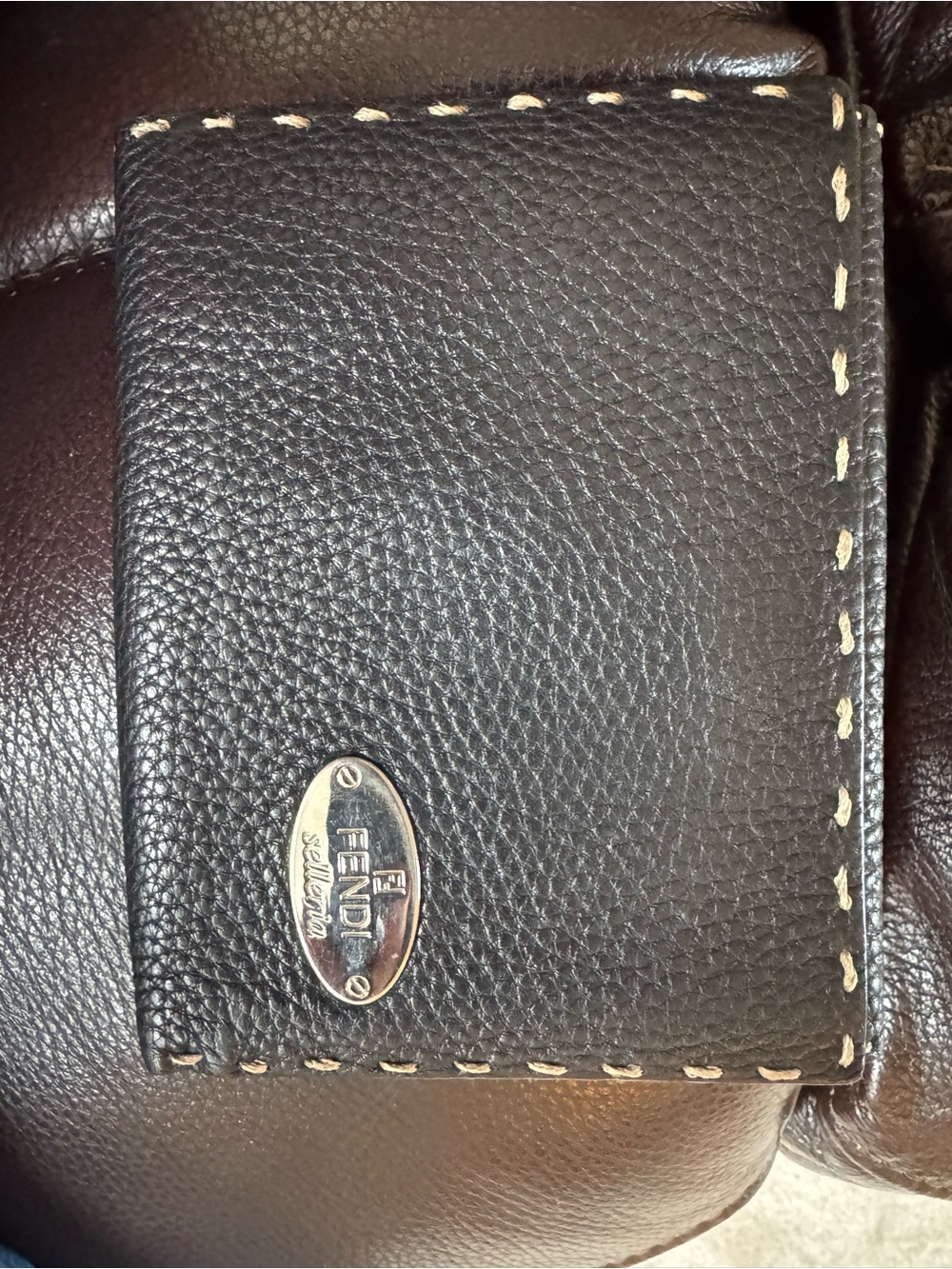 Fendi Black Leather wallet with Cream Contrast Stitching